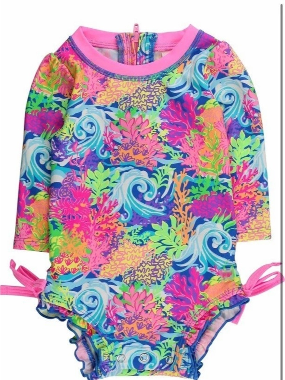 RuffleButts Neon Ocean Coral Long Sleeve Rash Guard Swimsuit